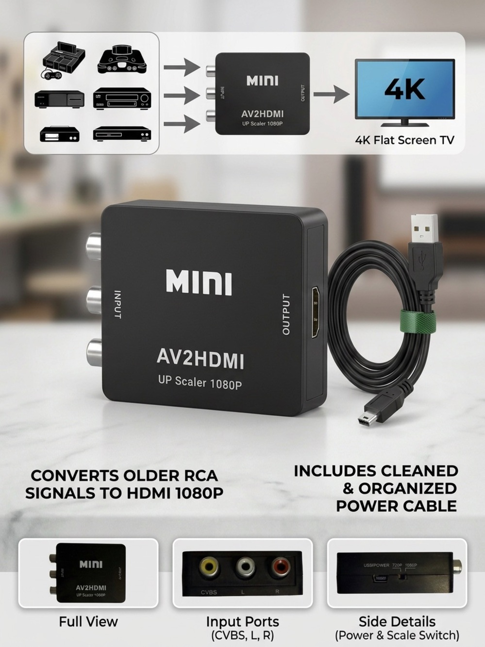 Mini RCA AV to HDMI Converter Adapter 1080P Up Scaler Composite Video Audio VCR